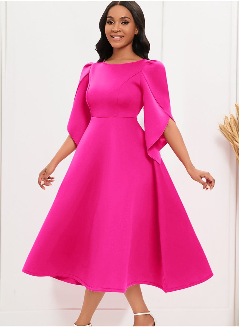 New Double layered Ruffle Sleeves Solid Color Large Hem Dres