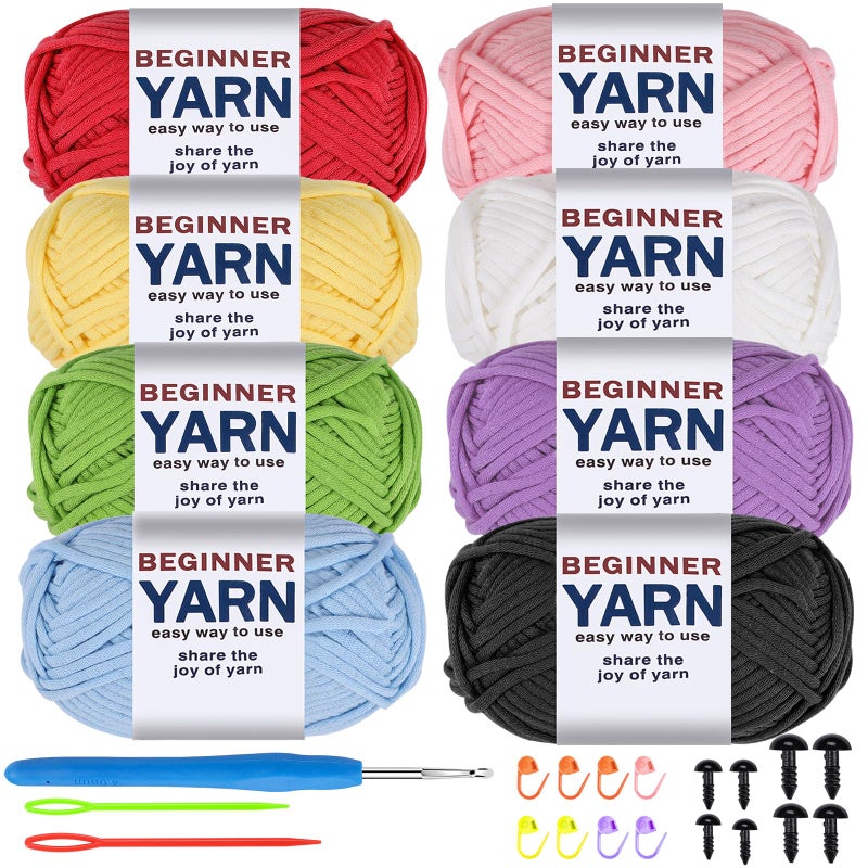 WSICSE 8x50g خيوط كروشيه قطنية للمبتدئين سهلة الرؤية للخيوط السميكة والناعمة لمجموعة كروشيه للمبتدئين