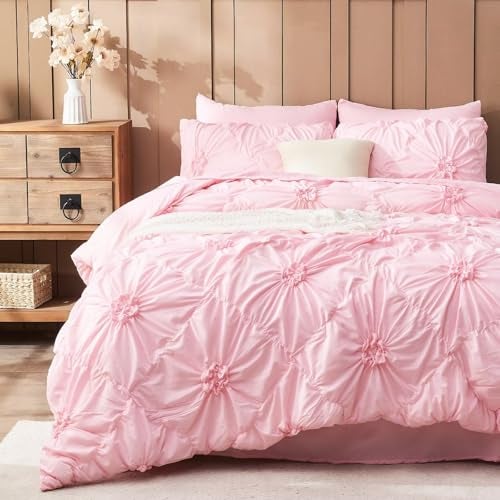 Jameswish Pink Comforter Set Queen Size Bed in A Bag 7 Piece Pinch Pleat Bedding Set, Pintuck Ruched Flowers Bed Set with Comforter, Sheets, Pillowcases & Shams - Image 1