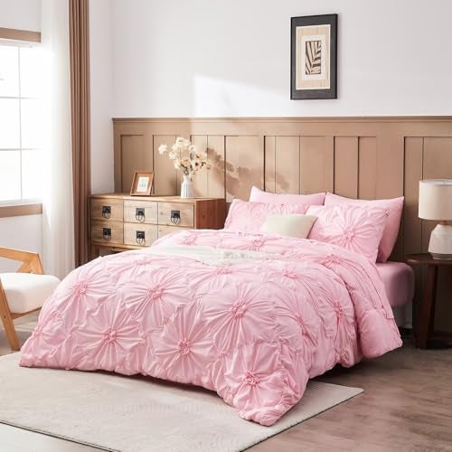 Jameswish Pink Comforter Set Queen Size Bed in A Bag 7 Piece Pinch Pleat Bedding Set, Pintuck Ruched Flowers Bed Set with Comforter, Sheets, Pillowcases & Shams - Image 4