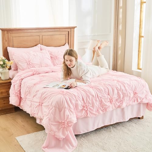 Jameswish Pink Comforter Set Queen Size Bed in A Bag 7 Piece Pinch Pleat Bedding Set, Pintuck Ruched Flowers Bed Set with Comforter, Sheets, Pillowcases & Shams - Image 3