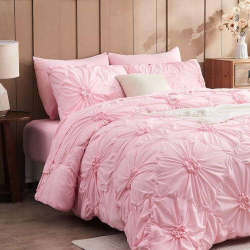 Jameswish Pink Comforter Set Queen Size Bed in A Bag 7 Piece Pinch Pleat Bedding Set, Pintuck Ruched Flowers Bed Set with Comforter, Sheets, Pillowcases & Shams - Image 2