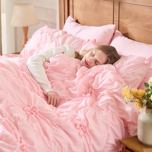Jameswish Pink Comforter Set Queen Size Bed in A Bag 7 Piece Pinch Pleat Bedding Set, Pintuck Ruched Flowers Bed Set with Comforter, Sheets, Pillowcases & Shams - Image 5