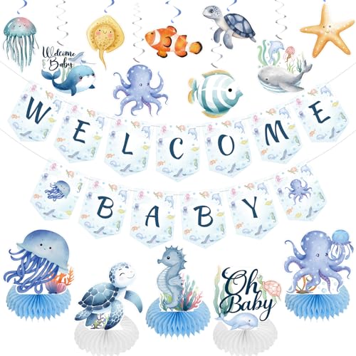 KMCCUMBER Under the Sea Baby Shower Decorations Ocean Animals Decorations Include Welcome Baby Banner Hanging Swirls and Honeycomb Centerpiece Under the Sea Baby Shower Supplies - Image 1