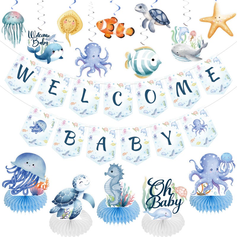 KMCCUMBER Under the Sea Baby Shower Decorations Ocean Animals Decorations Include Welcome Baby Banner Hanging Swirls and Honeycomb Centerpiece Under the Sea Baby Shower Supplies - Image 2