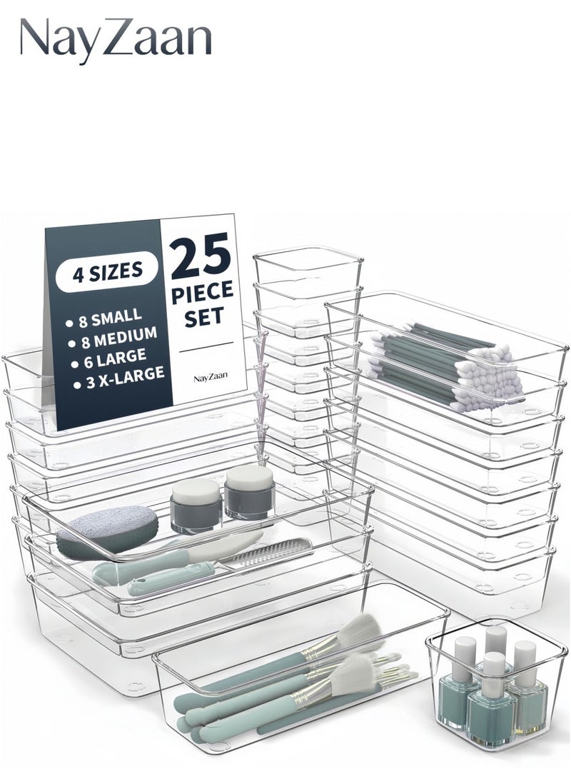 NayZaan 25 PCS Clear Plastic Drawer Organizers Set (4 Sizes) - Drawer Divider & Storage Trays/Bins for Kitchen Utensils, Makeup, Jewelry, Gadgets, Bathroom, Vanity, Office Desk, Bedroom & Dresser Drawers，White and transparent - Image 1