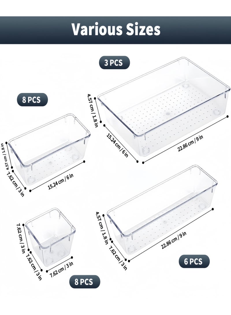 NayZaan 25 PCS Clear Plastic Drawer Organizers Set (4 Sizes) - Drawer Divider & Storage Trays/Bins for Kitchen Utensils, Makeup, Jewelry, Gadgets, Bathroom, Vanity, Office Desk, Bedroom & Dresser Drawers，White and transparent - Image 4