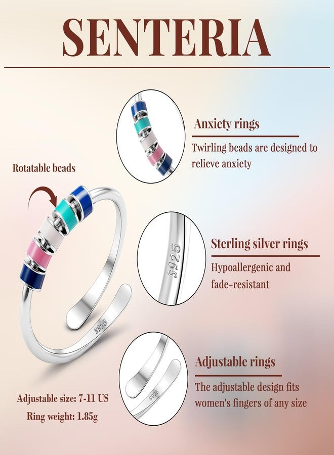 Senteria Fidget Ring for Anxiety Women Adjustable 925 Sterling Silver Rings with Colorful Beads Stress Spinner Ring Birthday Valentines Day Gifts for Daughters with Box and Card - Image 2