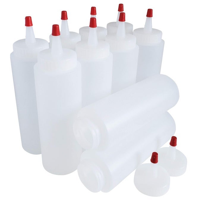 8OZ HDPE PLASTIC SQUEEZE BOTTLES WITH WIDE MOUTH OPENING RED TIP YORKER CAPS WITH 0030 ORIFICE FOR CONDIMENTS AND ANY THICK LIQUIDS PRODUCTS REFILLABLE EMPTY BOTTLES PACK OF 10