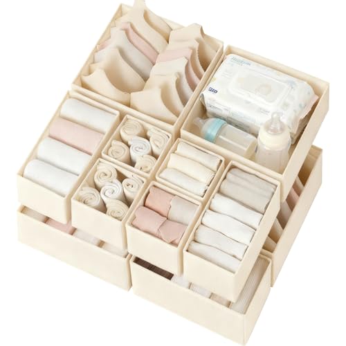 Criusia Drawer Organizer Clothes 12 Pack, Dresser Organizer for Nursery Bedroom Closet Organization and Storage - Baby Clothes Organizer Bins - Drawer Divider for Sock Underwear Bra Ties (Beige) - Image 1