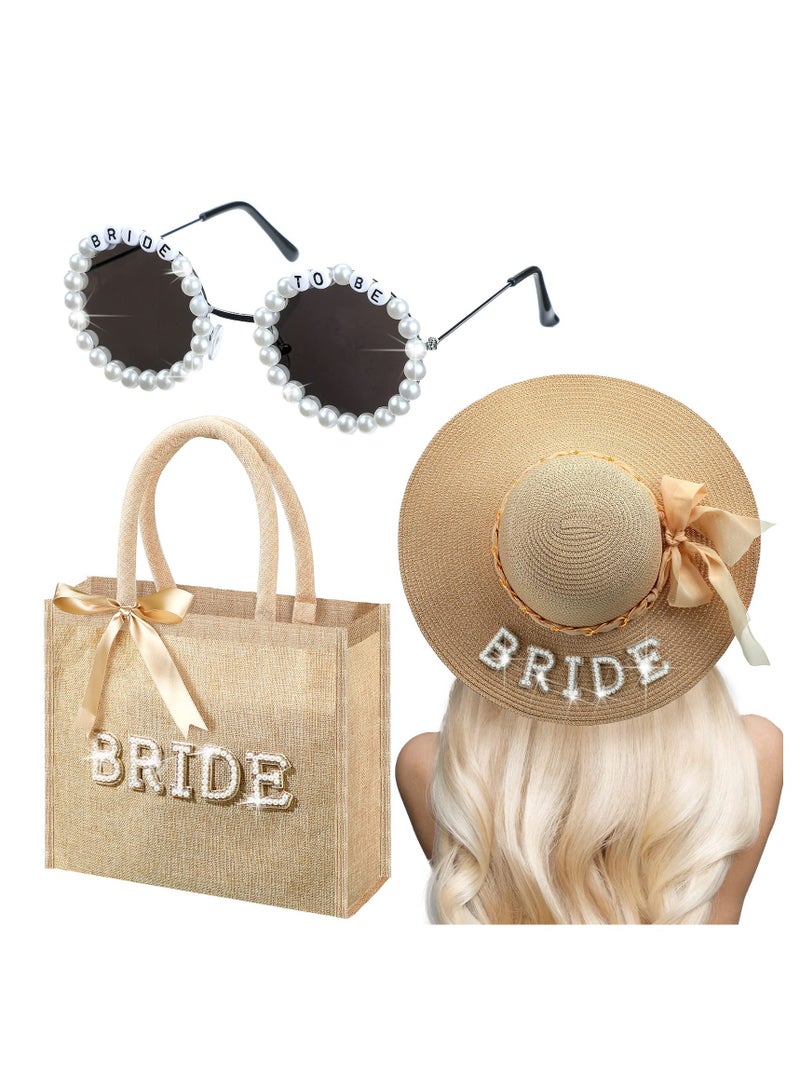 SYOSI 3 Pcs Bride Tote Bag Sun Hat Glasses Set, Jute Burlap Tote Bags with Handles Bride Sun Hat, Bride to Be Sunglasses for Honeymoon Engagement, Beach Bag Wedding Bride Beach Gifts  - Image 1