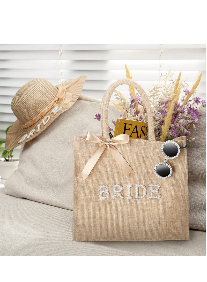 SYOSI 3 Pcs Bride Tote Bag Sun Hat Glasses Set, Jute Burlap Tote Bags with Handles Bride Sun Hat, Bride to Be Sunglasses for Honeymoon Engagement, Beach Bag Wedding Bride Beach Gifts  - Image 5