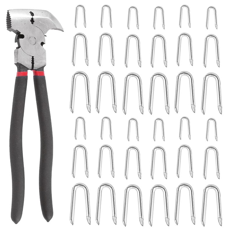 Glarks 151Pcs 3 Sizes Fence Staples with Fencing Pliers Set, Steel Wire Fence Staples Heavy Duty Galvanized Wire Staples U Shaped Nails U Staples for Woven Fencing and Wire Mesh Popular practical build - Image 1
