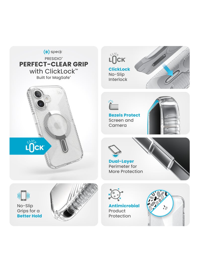 Speck - Speck iPhone 16 Presidio Perfect Clear Grip Magsafe with ClickClock- CLEAR/CLEAR/CHROME FINISH/SERENE SILVER - Image 1