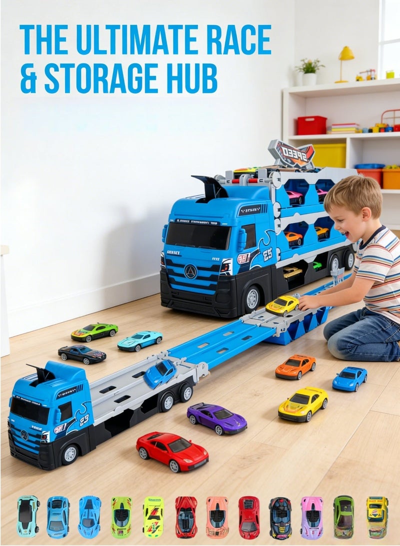 oasistrail Race Car Track Toy Truck Toy with Slots & Foldable Race Tracks Transport Car Carrier Toy for Toddlers Cars Toy Set Container Truck Toy with 16 Alloy Cars Vehicles Toy Set for 3+ Kids Boys Girls - Image 3