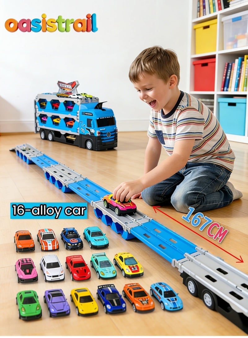 oasistrail Race Car Track Toy Truck Toy with Slots & Foldable Race Tracks Transport Car Carrier Toy for Toddlers Cars Toy Set Container Truck Toy with 16 Alloy Cars Vehicles Toy Set for 3+ Kids Boys Girls - Image 1