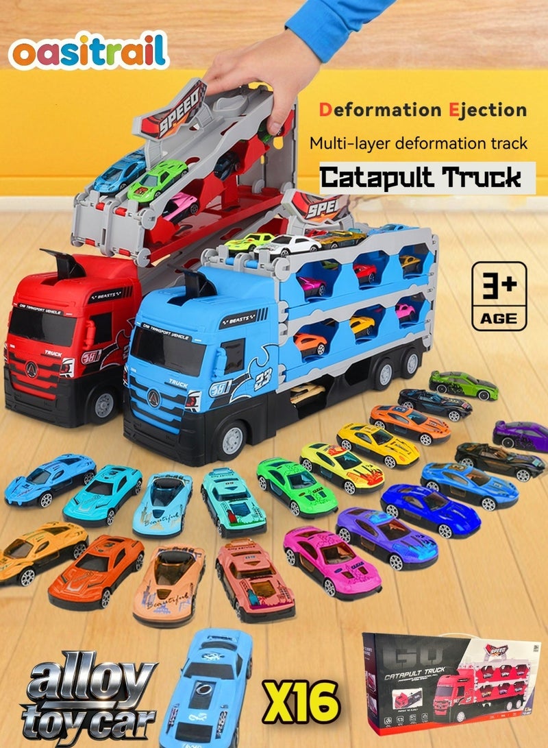 oasistrail Race Car Track Toy Truck Toy with Slots & Foldable Race Tracks Transport Car Carrier Toy for Toddlers Cars Toy Set Container Truck Toy with 16 Alloy Cars Vehicles Toy Set for 3+ Kids Boys Girls - Image 2