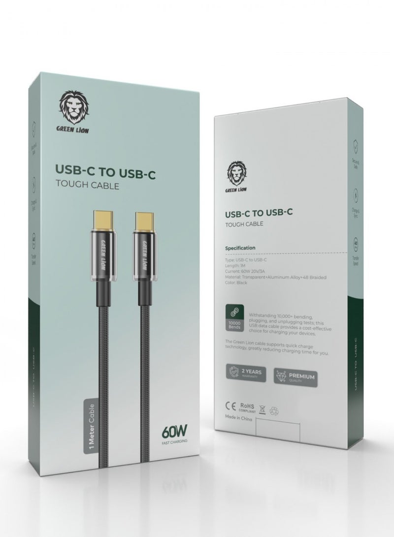 GREEN LION USB-C to USB-C Touch Cable 1M 60W / 10000 Bends Life Span / 480Mbps Speed / Secure & Safe / Charge & Sync - Black - Image 2