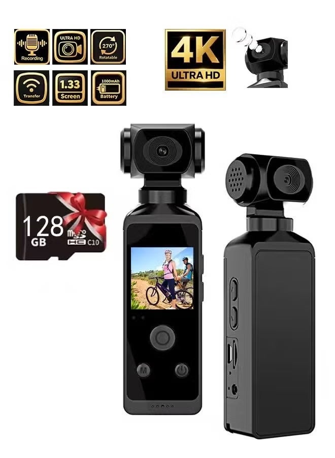 Lowyam Handheld 4K Waterproof Action Camera - 270° Rotating Lens Vlog Camera with 1.3" Screen, 30M Dive Case & 128GB Card for Outdoor Sports, 30FPS Recording - Image 1