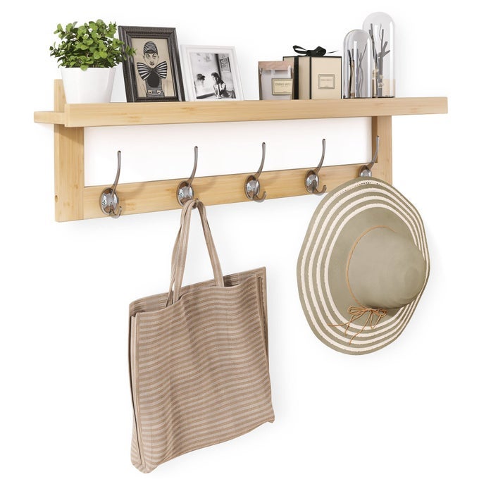 COAT HOOKS WITH SHELF WALLMOUNTED 292 INCH ENTRYWAY COAT RACK FOR WALL BAMBOO HANGING SHELF WITH 5 DOUBLE METAL HOOKS FOR BATHROOM BEDROOM KITCHEN LIVING ROOM MUDROOM NATURAL