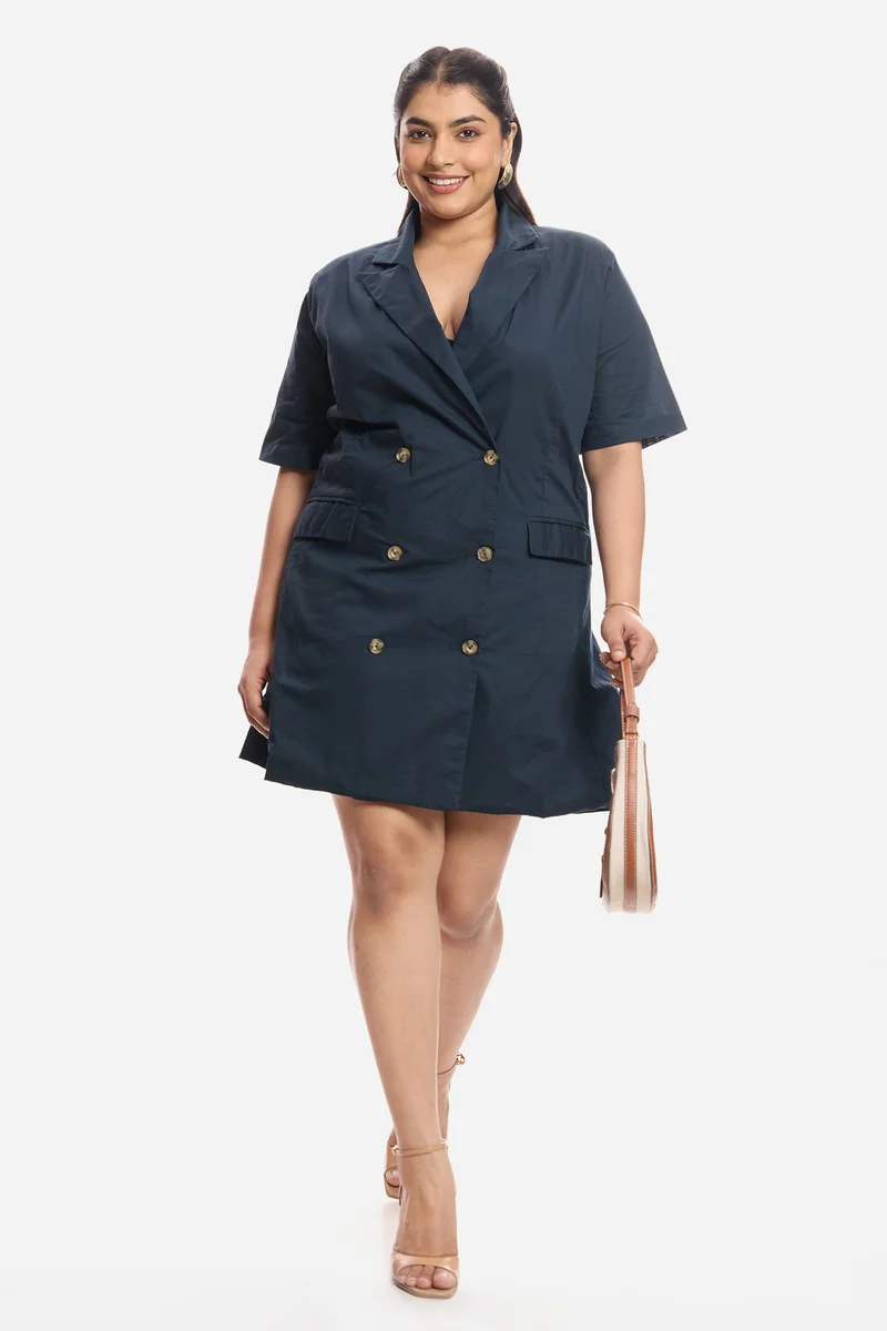 فيرجيو Solid Cotton Notch Lapel Collar Tie Up Mini Plus Size Dress for Women