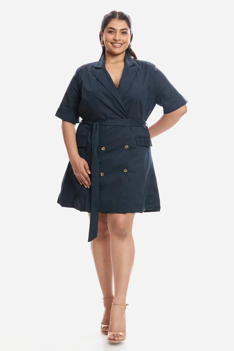 فيرجيو Solid Cotton Notch Lapel Collar Tie Up Mini Plus Size Dress for Women