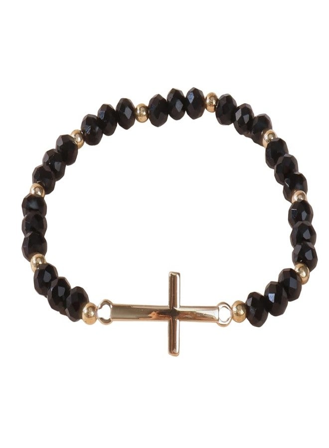 Pingyongchang Colorful Crystal Beaded Cross Bracelet Retro Stainless Steel Cross Stretch Bracelet Christian Religious Jewelry Gifts for Women Men-Black - Image 1