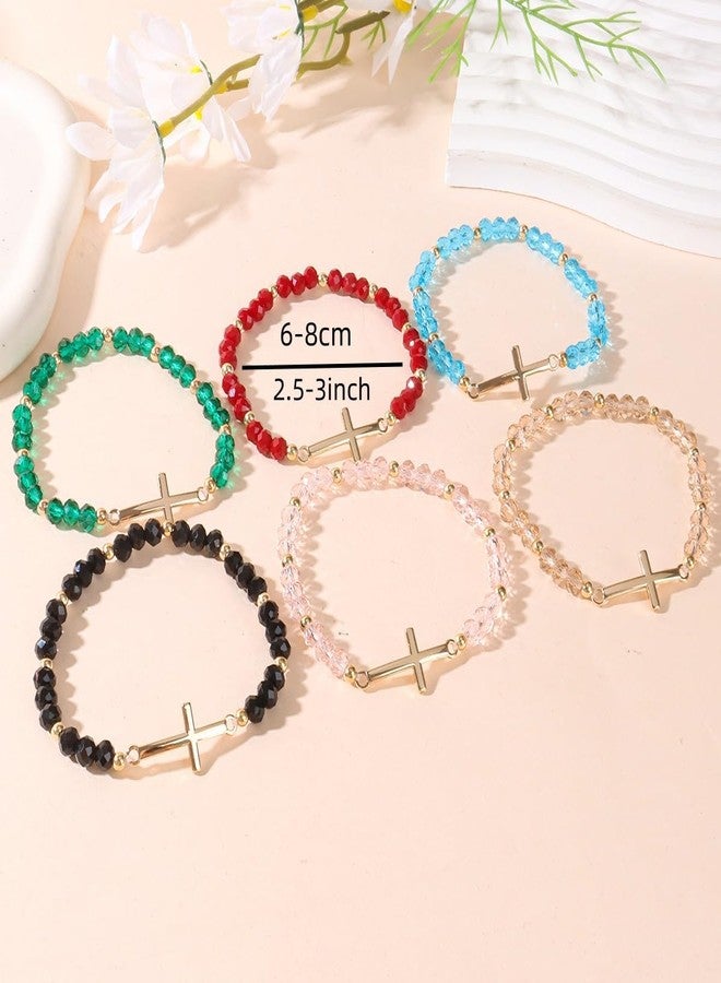 Pingyongchang Colorful Crystal Beaded Cross Bracelet Retro Stainless Steel Cross Stretch Bracelet Christian Religious Jewelry Gifts for Women Men-Black - Image 3