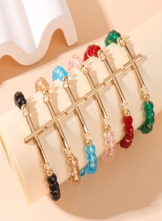 Pingyongchang Colorful Crystal Beaded Cross Bracelet Retro Stainless Steel Cross Stretch Bracelet Christian Religious Jewelry Gifts for Women Men-Black - Image 4
