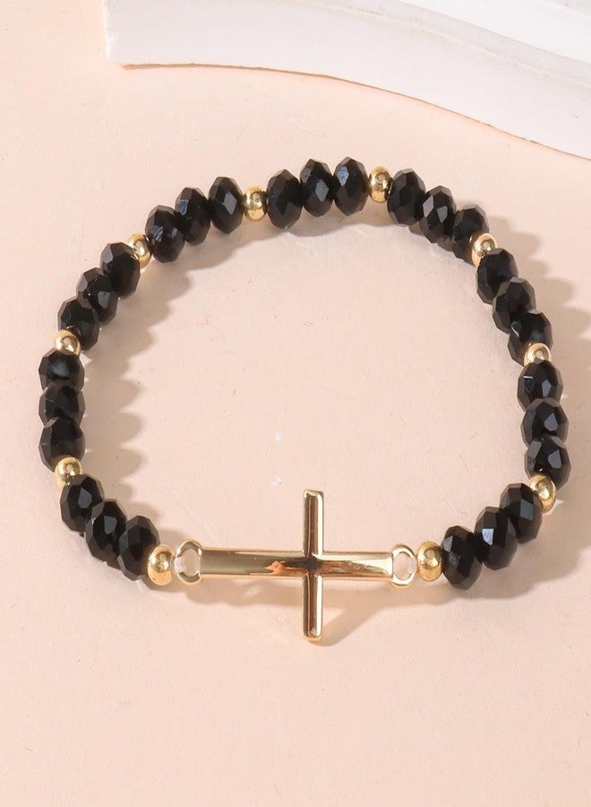Pingyongchang Colorful Crystal Beaded Cross Bracelet Retro Stainless Steel Cross Stretch Bracelet Christian Religious Jewelry Gifts for Women Men-Black - Image 2