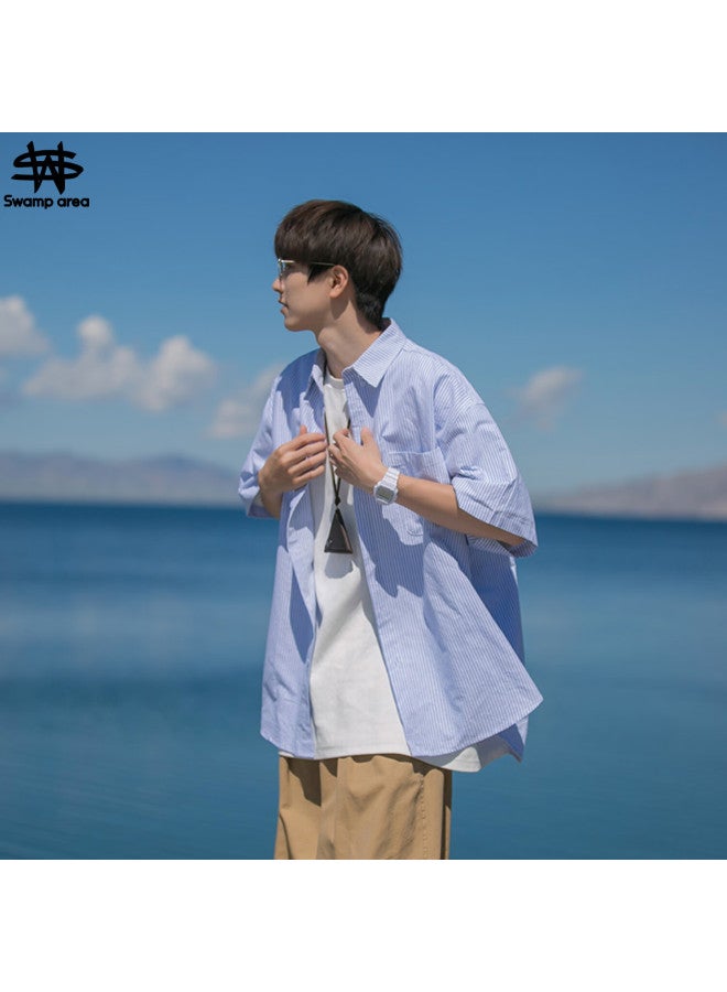 Swamp Area Style Short-sleeve Shirt For Men, Summer Trendy Versatile Loose Striped Workwear Shirt Jacket Cs2512 Blue 3XL - Image 1