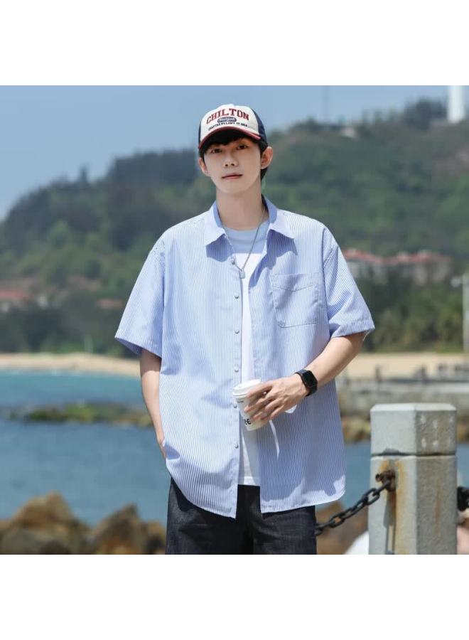 Swamp Area Style Short-sleeve Shirt For Men, Summer Trendy Versatile Loose Striped Workwear Shirt Jacket Cs2512 Blue 3XL - Image 2