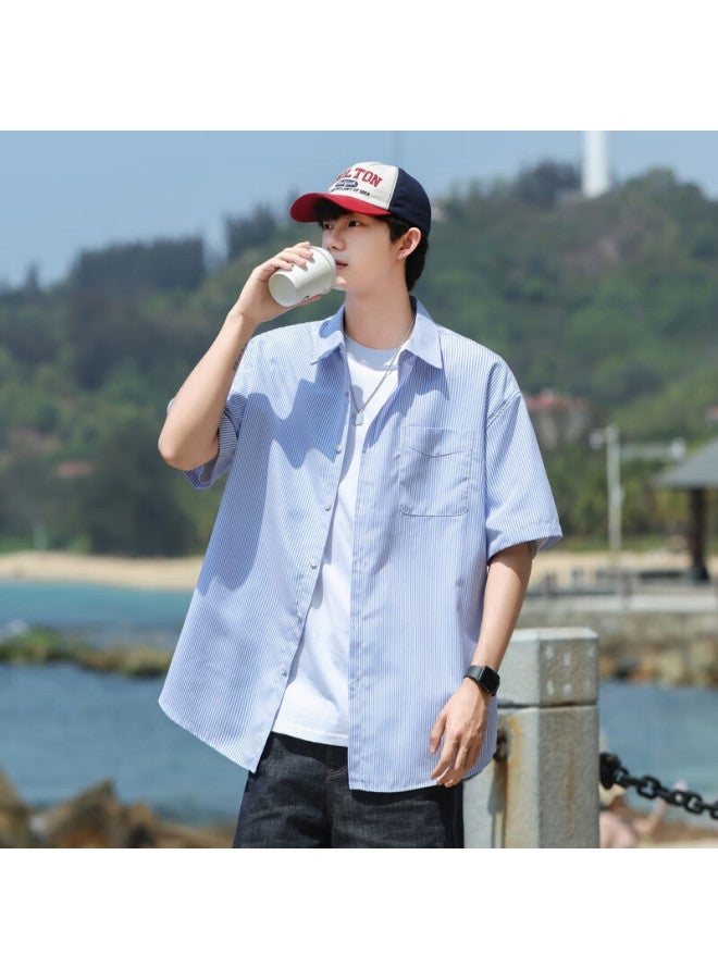 Swamp Area Style Short-sleeve Shirt For Men, Summer Trendy Versatile Loose Striped Workwear Shirt Jacket Cs2512 Blue 3XL - Image 4