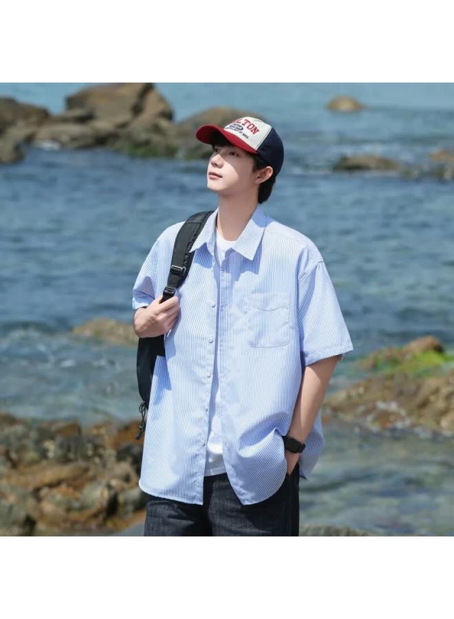 Swamp Area Style Short-sleeve Shirt For Men, Summer Trendy Versatile Loose Striped Workwear Shirt Jacket Cs2512 Blue 3XL - Image 3