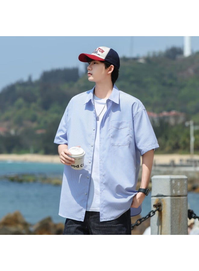 Swamp Area Style Short-sleeve Shirt For Men, Summer Trendy Versatile Loose Striped Workwear Shirt Jacket Cs2512 Blue 3XL - Image 5