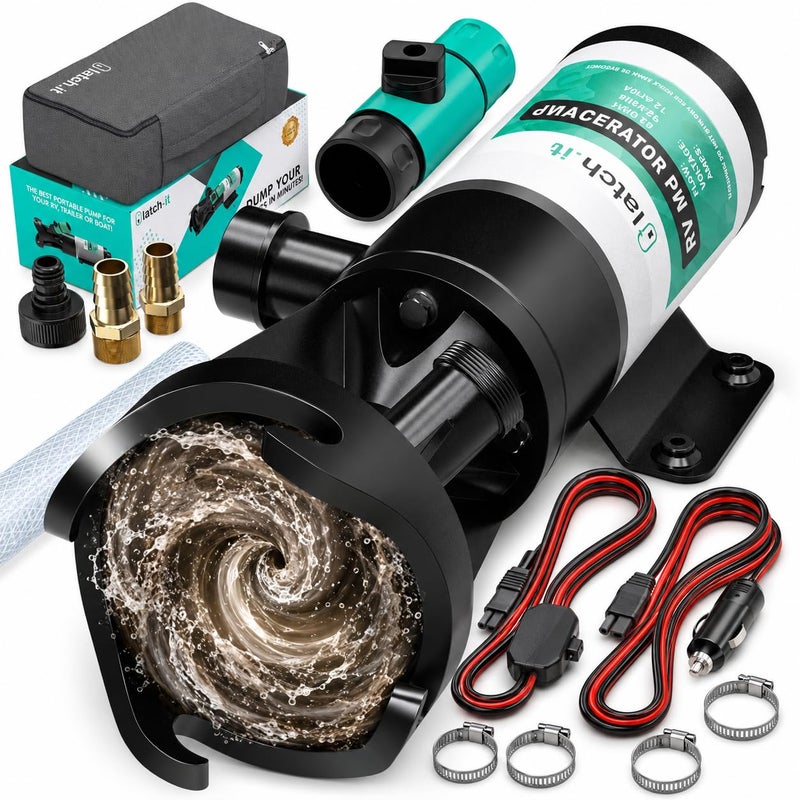LATCH.IT LATCHIT V20 RV Macerator Pump 12VDC 1215GPM Macerator Pump for RV 10Feet Lift RV Waste Pump Macerator SelfPriming Portable Portable RV Waste Pump wFittings Hoses Clamps - Image 2