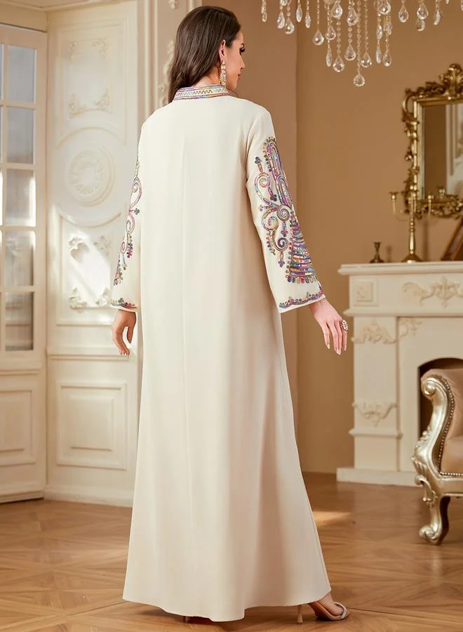 Take Two Beige Beige Embroidered Notch Neck Jalabiya for Women | Best Price UAE