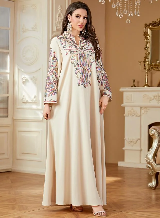 Take Two Beige Beige Embroidered Notch Neck Jalabiya for Women | Best Price UAE