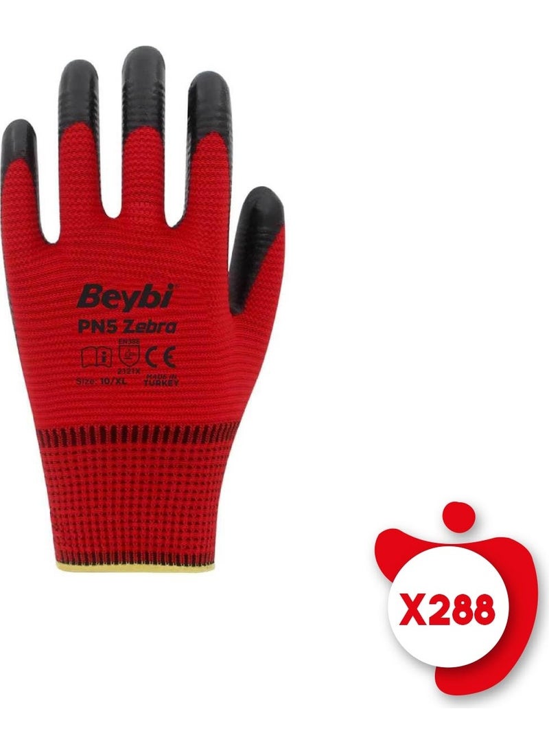 Beybi Pn5 Zebra Red-Black Poly. Knitted Nitrile Work Gloves Size 10 288 Pairs 