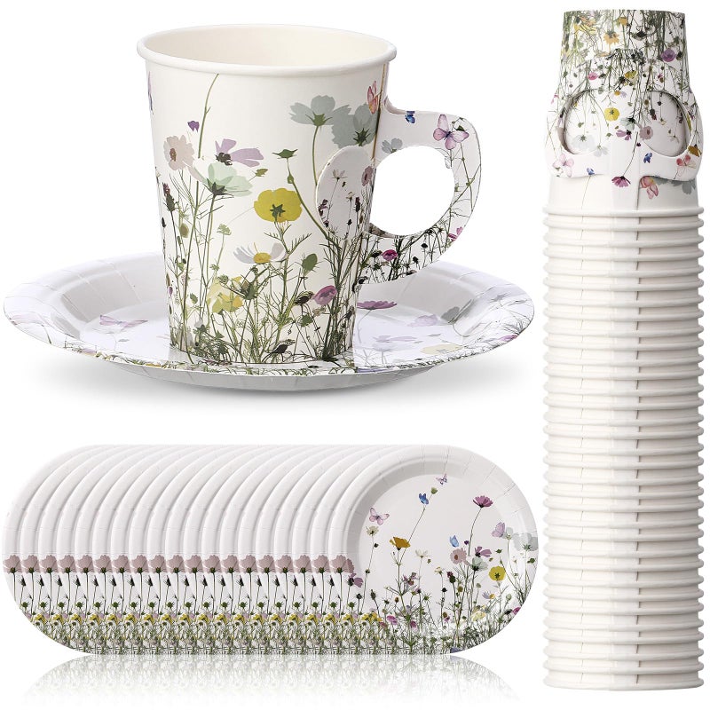 Rtteri 20 Sets Floral Paper Tea Cup Set 9 oz Disposable Paper Teacups with Handle and Plates Wildflower Party Teacups and Saucers Set for Hot Cold Drink Wedding Bridal Baby Shower Decorations - Image 1
