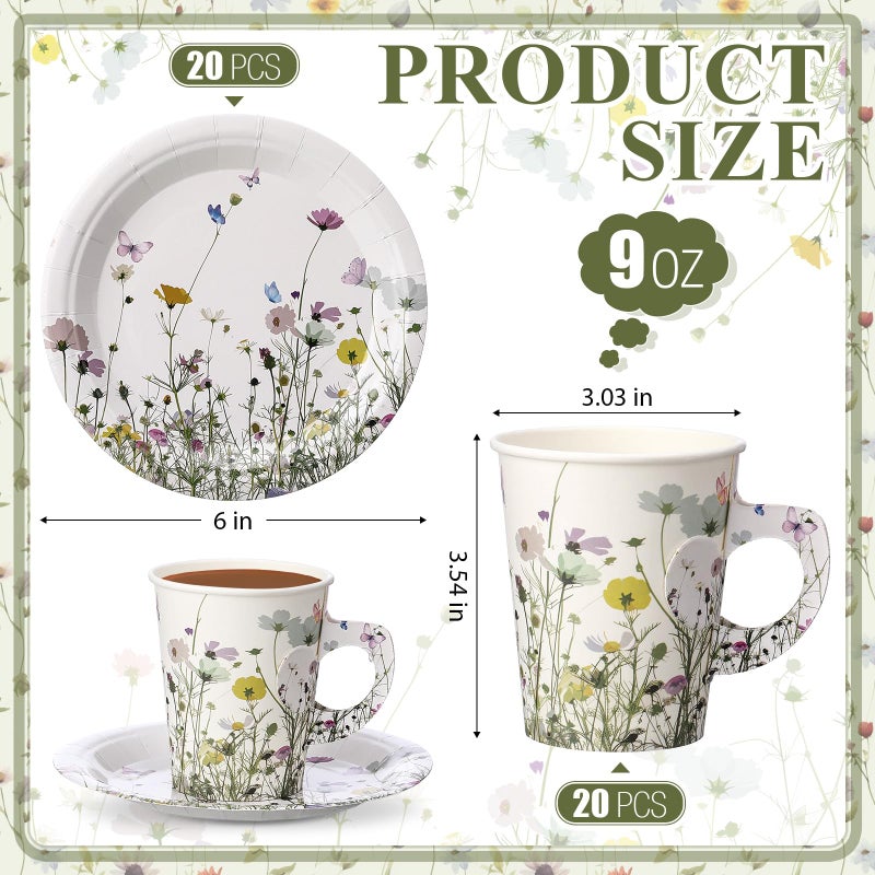 Rtteri 20 Sets Floral Paper Tea Cup Set 9 oz Disposable Paper Teacups with Handle and Plates Wildflower Party Teacups and Saucers Set for Hot Cold Drink Wedding Bridal Baby Shower Decorations - Image 2