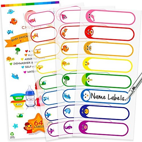 CHUBBIEE Baby Bottle & Daycare Name Labels, Self-Laminating Waterproof Stickers for Kids Stuff, Dishwasher Safe Write-On Name Tags for School & Home, Assorted Sizes & Colors, Pack of 64 - Image 1