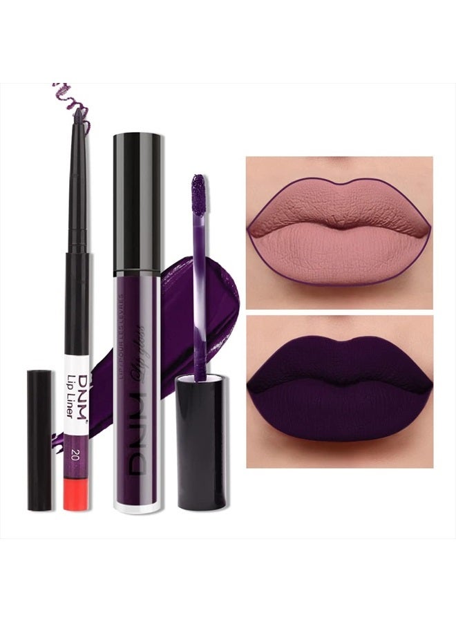 AMY'S DIARY 2Pcs Dark Purple Lip Liner and Lipstick Matte Makeup Set,Darkest Eggplant Plum Lipstick 24H with Lip Liner Set Matt Liquid Long Lasting Mate Dark Plum Dark Berry Lipstick (#20) - Image 1