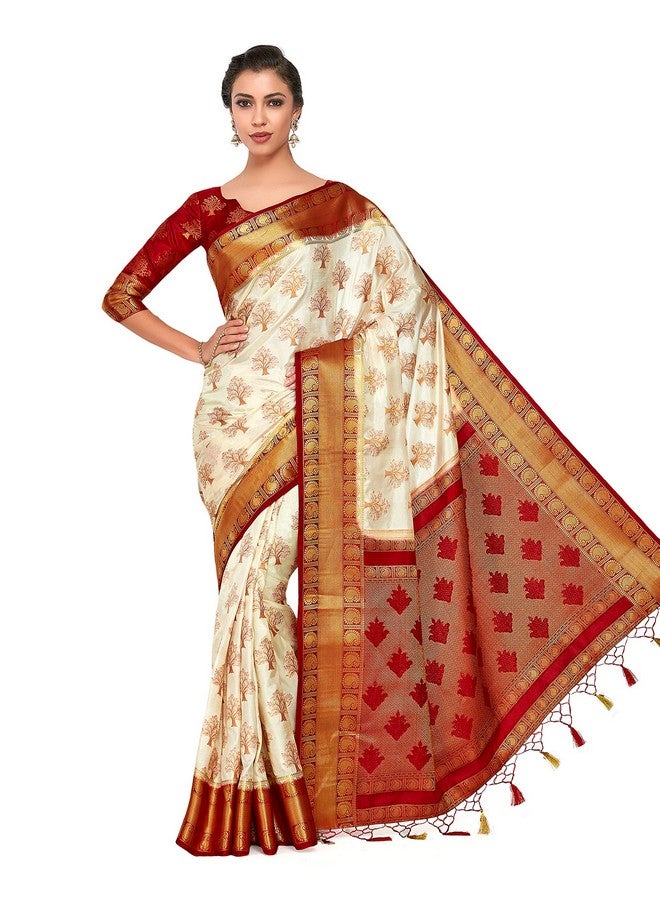 MIMOSA Mimosa Women's Kanchipuram Silk Saree With Blouse Piece (4309-312-Rd-Hwt-Rd_Beige)  - Image 3