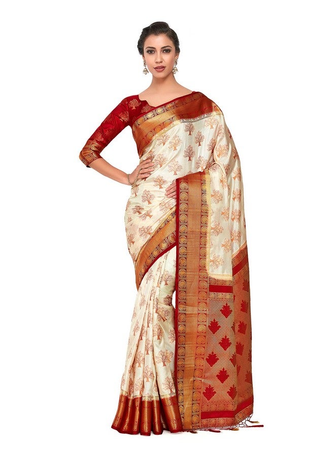 MIMOSA Mimosa Women's Kanchipuram Silk Saree With Blouse Piece (4309-312-Rd-Hwt-Rd_Beige)  - Image 2