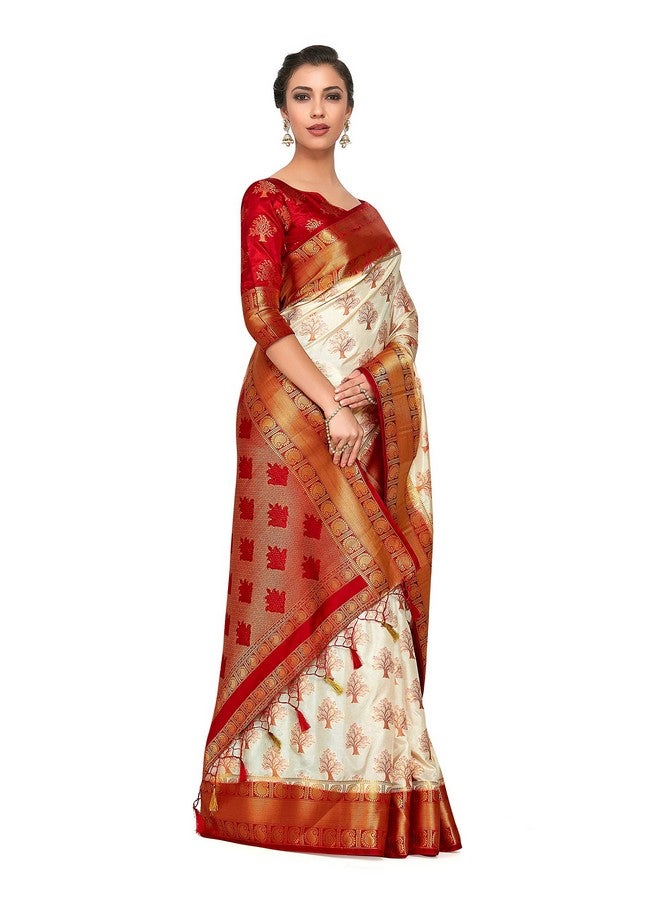 MIMOSA Mimosa Women's Kanchipuram Silk Saree With Blouse Piece (4309-312-Rd-Hwt-Rd_Beige)  - Image 4