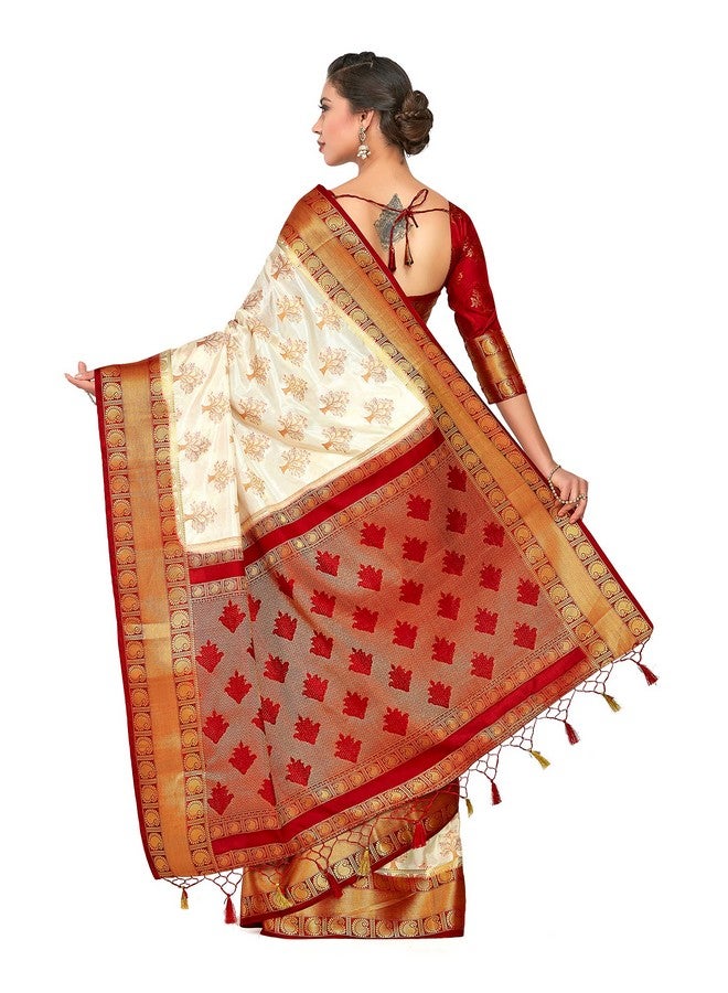 MIMOSA Mimosa Women's Kanchipuram Silk Saree With Blouse Piece (4309-312-Rd-Hwt-Rd_Beige)  - Image 5