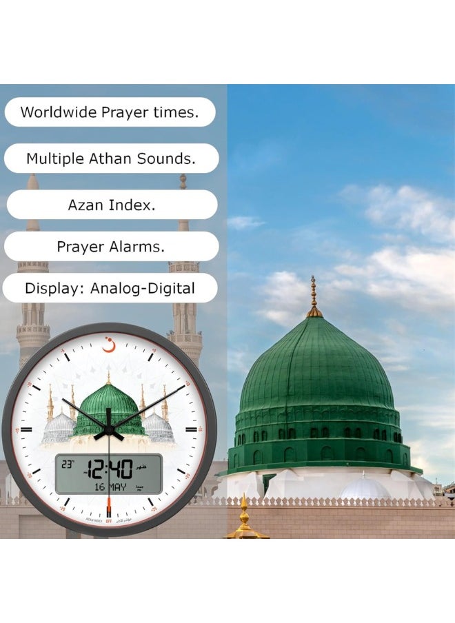 Alfajr ALFAJR Large Round Wall Ana-Digi Automatic Azan Athan Prayer Clock Qibla Muslim CR-23 (Madinah) Gray/white  - Image 4