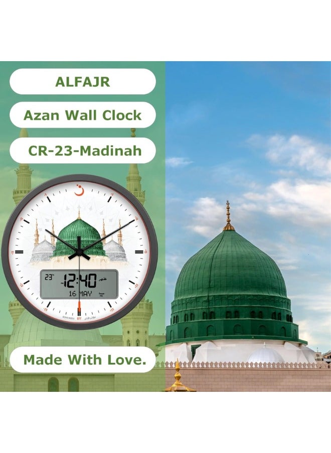Alfajr ALFAJR Large Round Wall Ana-Digi Automatic Azan Athan Prayer Clock Qibla Muslim CR-23 (Madinah) Gray/white  - Image 2
