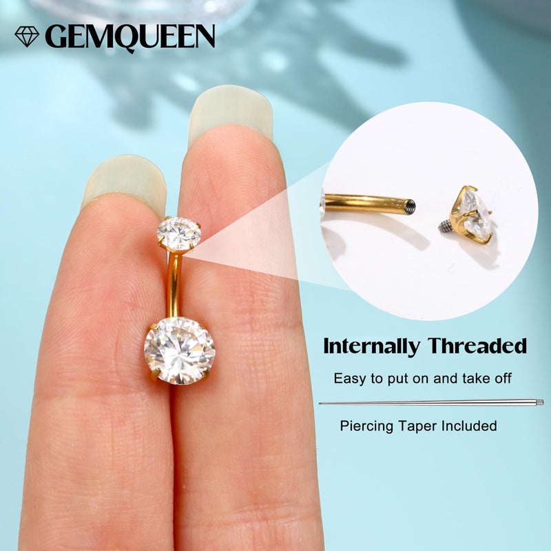 GEMQUEEN 18K Gold Plated Belly Button Ring - Moissanite G23 TItanium Hypoallergenic Internally Threaded Belly Rings 14G Navel Piercing Jewelry For Women Men simulated damond - Image 3